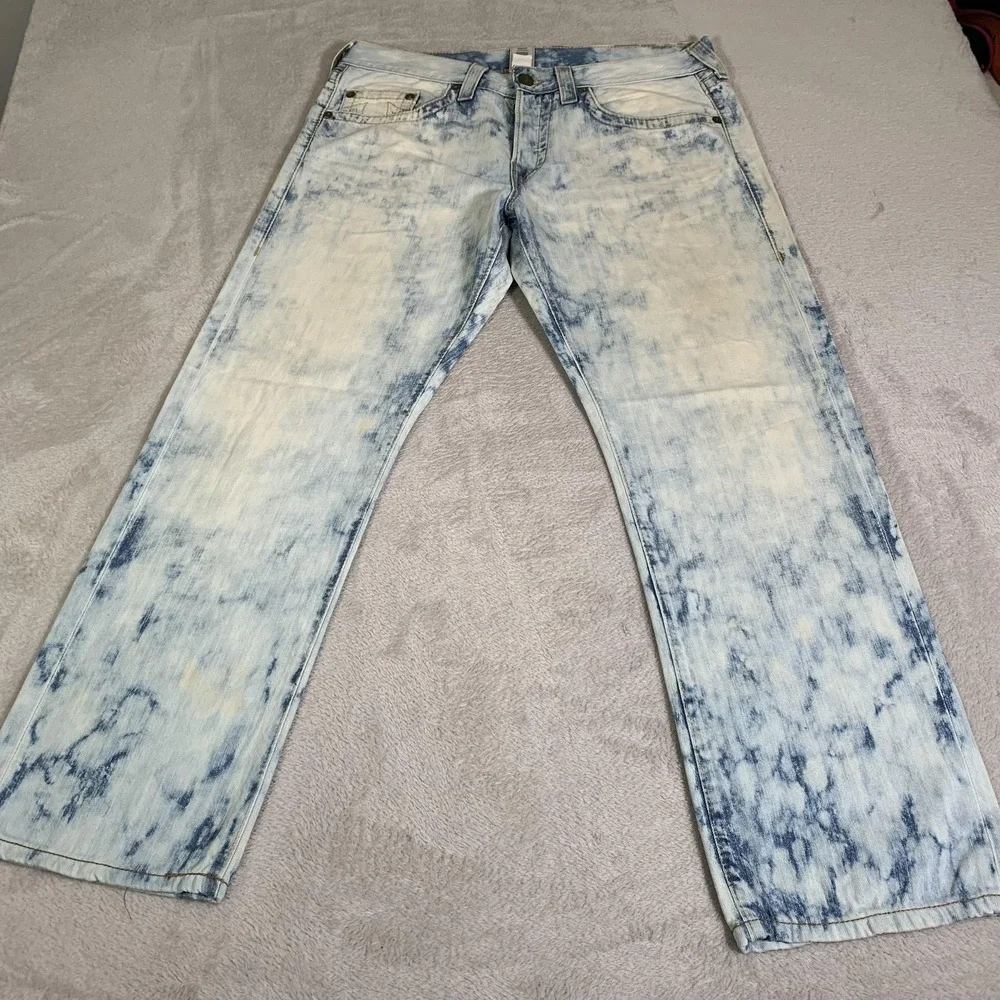 True Religion Geno Jeans Mens 36x31 Blue Acid Wash Straight USA‎ Made Vintage